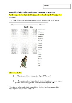 Preview of A Fun Wordsearch on Tort Law and an Associated Extension task