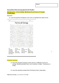 Preview of A Fun Wordsearch on Types of Energy and an associated extension activity