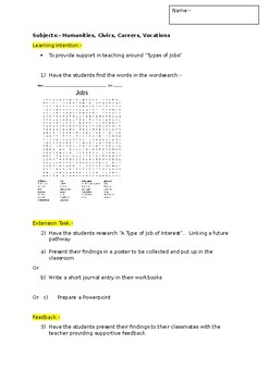 Preview of A Fun Wordsearch on Types of Jobs and an associated extension task