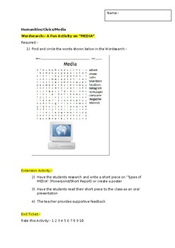 Preview of A Fun Wordsearch on "Types of MEDIA" and an associated extension activity