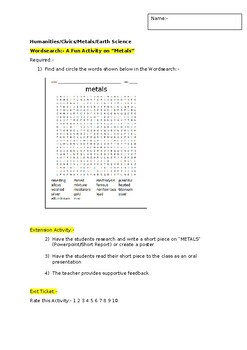 Preview of A Fun Wordsearch on "Types of Metals" and an associated extension activity