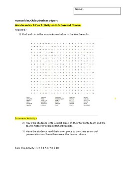 Preview of A Fun Wordsearch on U.S. Baseball Teams and an associated extension activity