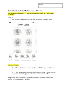 Preview of A Fun Wordsearch on U.S.- Court Cases and an associated extension task