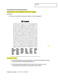 Preview of A Fun Wordsearch on U.S. NFL teams and an associated extension activity