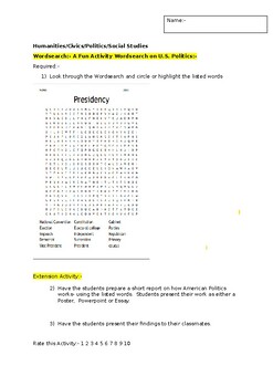 Preview of A Fun Wordsearch on U.S. Politics and an associated extension activity