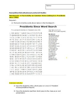 Preview of A Fun Wordsearch on U.S. Presidents since 1990 and an associated extension task