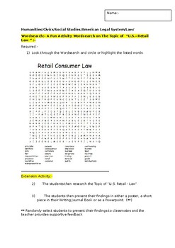 Preview of A Fun Wordsearch on "U.S. Retail Law" and an associated extension task