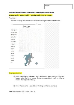 Preview of A Fun Wordsearch on U.S. Soccer and an associated extension task