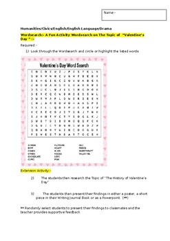 Preview of A Fun Wordsearch on "Valentines Day" and an associated extension activity