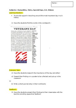 Preview of A Fun Wordsearch on Veterans Day and an associated extension activity