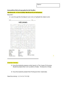 Preview of A Fun Wordsearch on Volcanoes and an associated extension activity