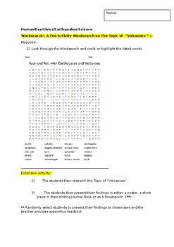 Preview of A Fun Wordsearch on "Volcanoes" and an associated extension activity