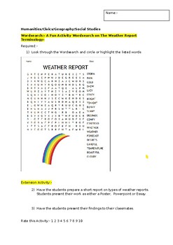 Preview of A Fun Wordsearch on Weather Reports and an associated extension activity