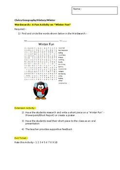 Preview of A Fun Wordsearch on "Winter Fun" and an associated extension task