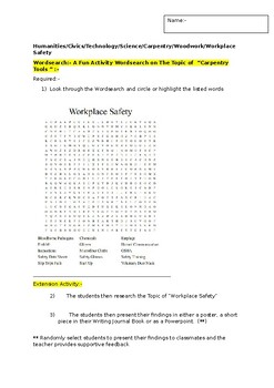 Preview of A Fun Wordsearch on Workplace Safety and an associated extension activity