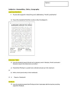 Preview of A Fun Wordsearch on World Landmarks and an associated extension activity