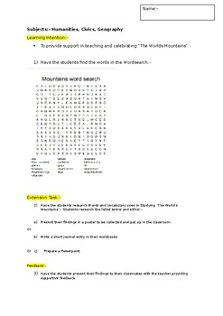 Preview of A Fun Wordsearch on World Mountains and an associated extension task
