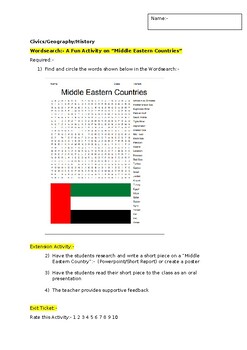 Preview of A Fun Wordsearch on a "Middle Eastern Country" and an extension activity