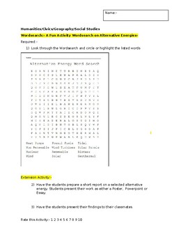 Preview of A Fun Wordsearch on alternative energies and an associated extension task