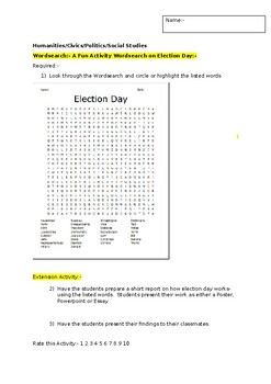 Preview of A Fun Wordsearch on election day and an associated extension activity