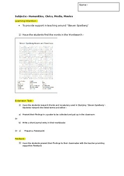 Preview of A Fun Wordsearch on movie legend Steven Spielberg and his movies