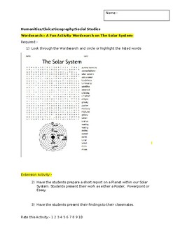 Preview of A Fun Wordsearch on our Solar System and an associated extension activity