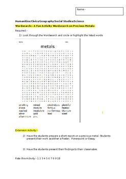 Preview of A Fun Wordsearch on precious metals and an associated extension task