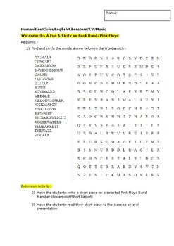 Preview of A Fun Wordsearch on rock band Pink Floyd and an associated extension task