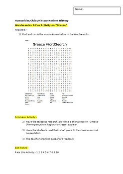 Preview of A Fun Wordsearch on the "Country- Greece" and an associated extension task