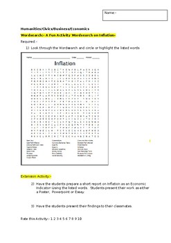 Preview of A Fun Wordsearch on the Economic Indicator Inflation and an extension task