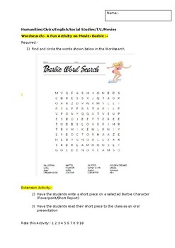 Preview of A Fun Wordsearch on the Movie Barbie and an extension activity