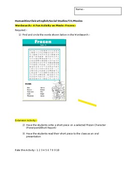Preview of A Fun Wordsearch on the Movie Frozen and an associated extension activity