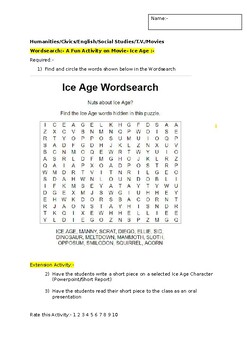 Preview of A Fun Wordsearch on the Movie Ice Age and an associated extension activity
