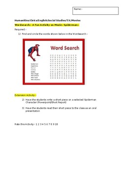 Preview of A Fun Wordsearch on the Movie Spiderman and an associated extension activity