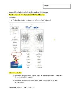 Preview of A Fun Wordsearch on the Movie- Titanic and an associated extension activity