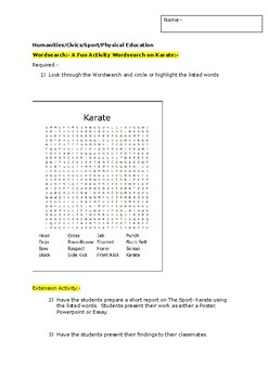 Preview of A Fun Wordsearch on the Sport- Karate and an associated extension activity