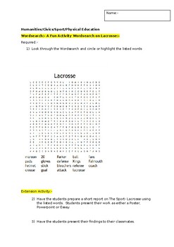 Preview of A Fun Wordsearch on the Sport- Lacrosse and an associated extension activity