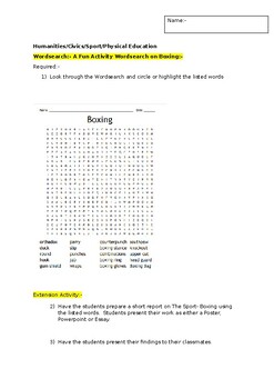 Preview of A Fun Wordsearch on the Sport of Boxing and an associated extension activity