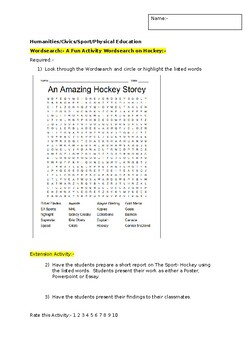 Preview of A Fun Wordsearch on the Sport of Hockey and an associated extension activity
