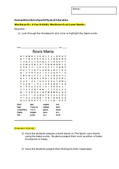 Preview of A Fun Wordsearch on the Sport of Lawn Bowls and an associated extension task