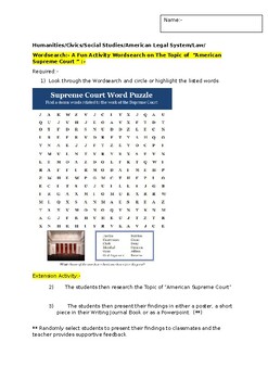 Preview of A Fun Wordsearch on the U.S. Supreme Court and an extension task