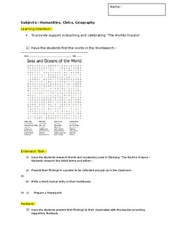 Preview of A Fun Wordsearch on the World's Oceans and an associated extension task
