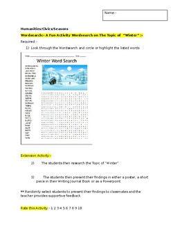 Preview of A Fun Wordsearch on the season Winter and an associated extension task