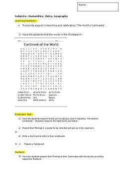 Preview of A Fun Wordsearch on the world's continents and an associated extension task