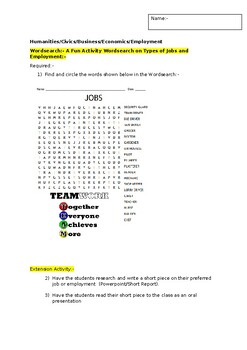 Preview of A Fun Wordsearch on type of jobs and an associated extension activity