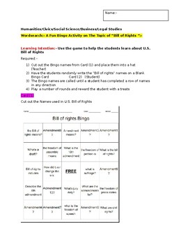 Preview of A Fun Bingo activity on the U.S. Bill of Rights