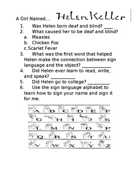 Preview of A Girl Named Helen Keller Test