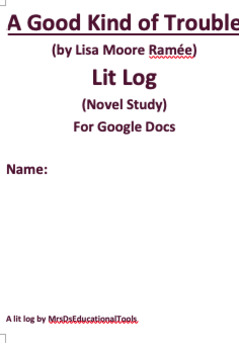 Preview of A Good Kind of Trouble Lit Log novel study for Google Docs