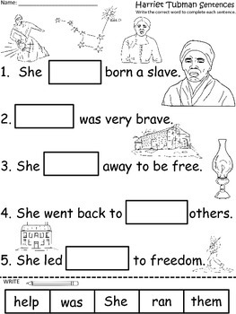 A  Harriet Tubman Sentences: Fill In The Blank by Regina Davis TpT