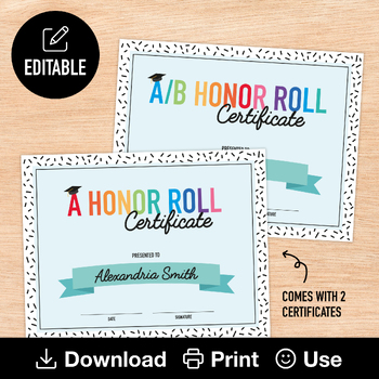 Preview of A Honor Roll & A/B Honor Roll Certificates, 2x Editable & Printable Awards